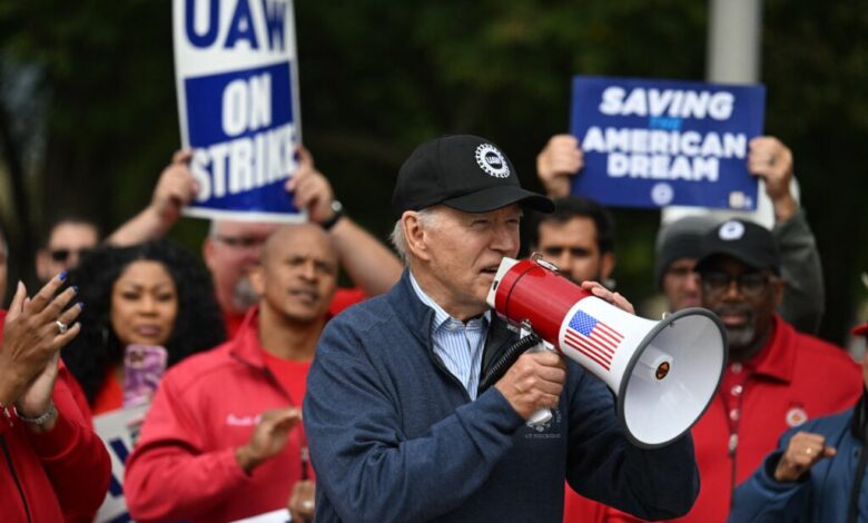 President Joe Biden addresses striking members of the United Auto Workers union at a picket line outside a General Motors Service Parts Operations plant in Belleville, Michigan, in September. Credit: Jim Watson/AFP via Getty Images