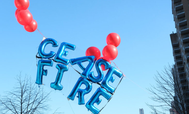 At around 2pm, the protesters launched a set of balloons reading the word "ceasefire" in Columbus Circle, and slowly moved toward Jazz at Lincoln Center where they floated the balloons outside the summit window. Credit: Keerti Gopal/Inside Climate News
