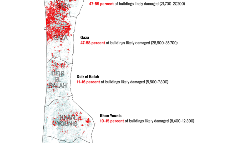 Map of Gaza Strip shows red areas indicating damage to buildings in each region between October 5 and November 22, 2023. A total of 67,700 to 88,100 buildings, or 23.5 to 30.6 percent, are estimated to have been damaged.